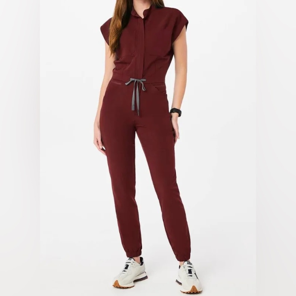Figs Women's Burgundy Rafaela Cargo ScrubJumpsuit - Medium